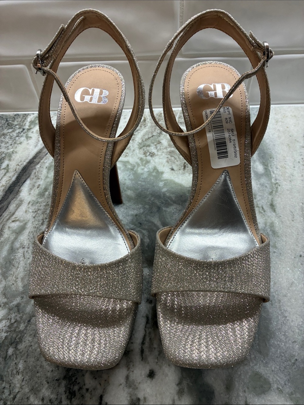 Gianni Bini Glittery Champagne Open-Toe Ankle-Strap Heels